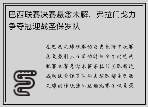 巴西联赛决赛悬念未解，弗拉门戈力争夺冠迎战圣保罗队