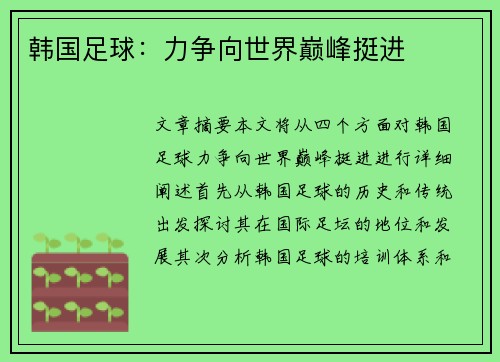 韩国足球：力争向世界巅峰挺进