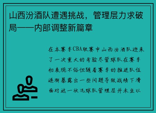 山西汾酒队遭遇挑战，管理层力求破局——内部调整新篇章